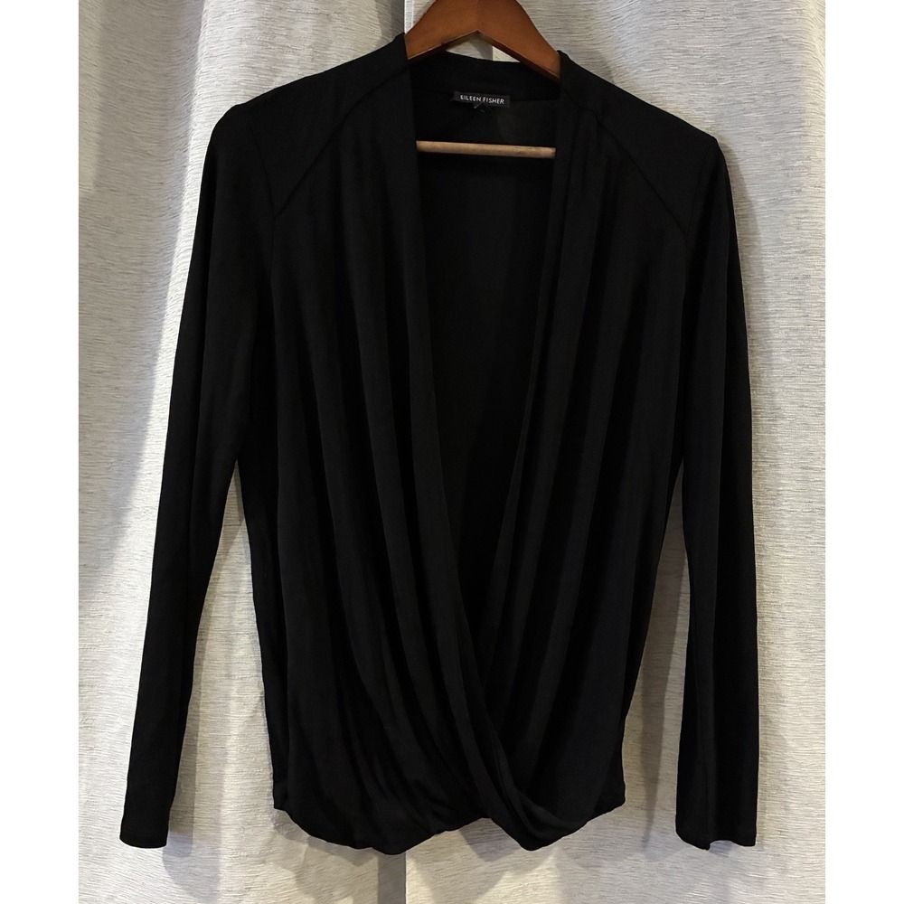 Eileen Fisher Blouse Womens Medium Black Crossover Faux Wrap Silk Long Sleeve